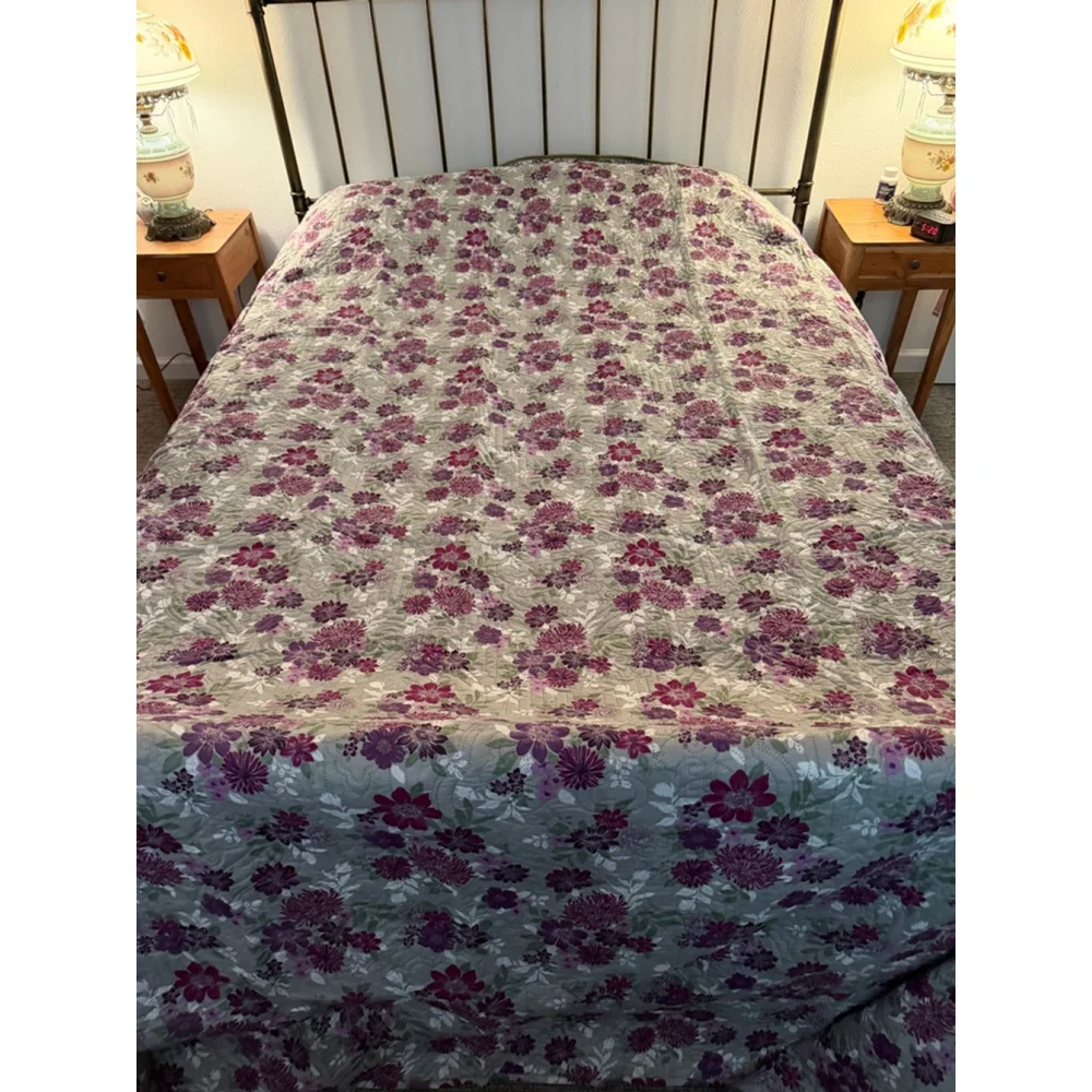 Floral Quilt Bedspread Set 3 Pc Full Queen Purple Green Quilted Coverlet w Shams
